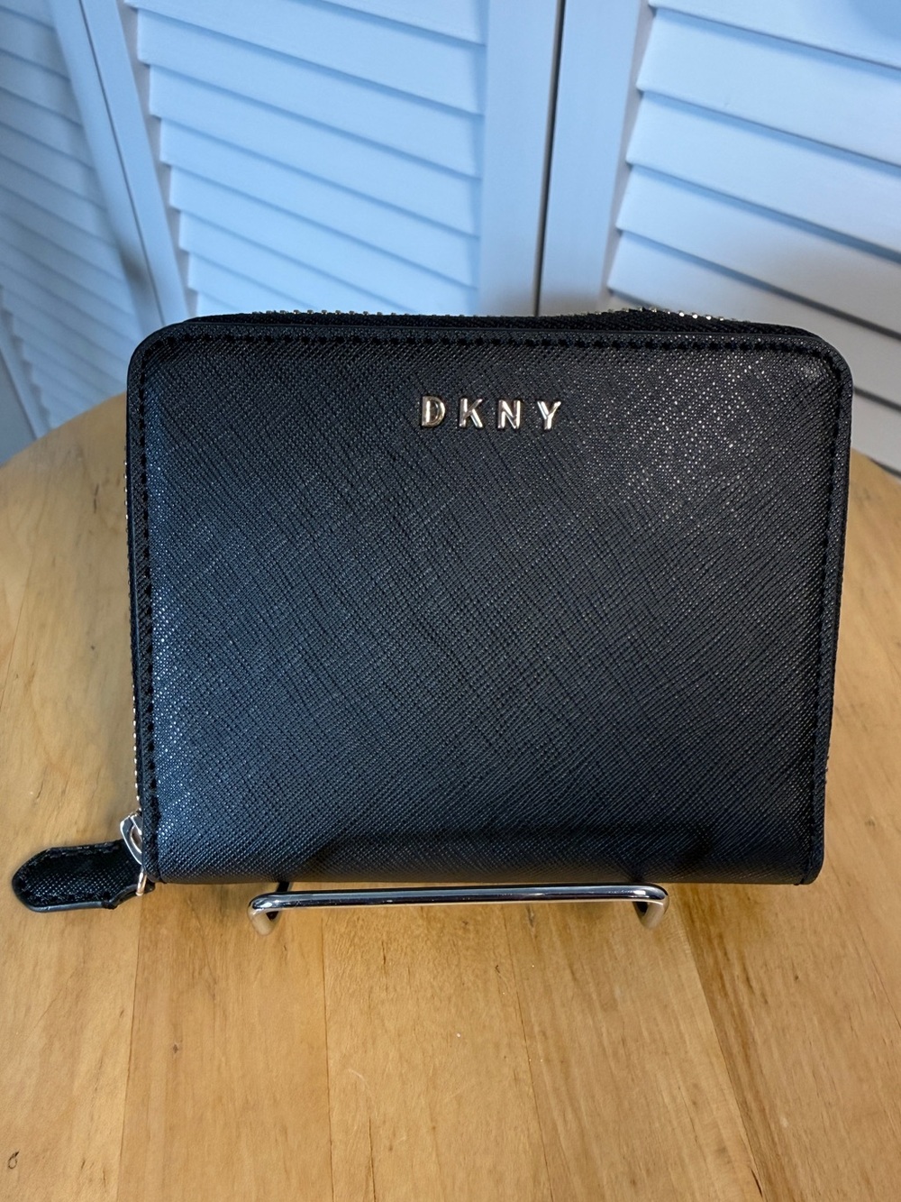 DKNY Black Saffiano Zip Wallet with Silver Logo